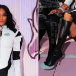 Ciara wearing knee-high sock-style black stiletto boots with mint toe. and heel details at the Off-White show during NYFW.