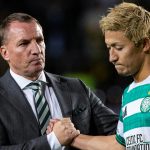 ALMATY, KAZAKHSTAN - AUGUST 26: Celtic's Daizen Maeda (R) and Manager Brendan Rodgers look dejected at full time during a UEFA Champions League Play-Off Secong Leg match between Kairat Almaty and Celtic at the Almaty Ortalyk Stadion, on August 26, 2025, in Almaty, Kazakhstan.  (Photo by Craig Williamson / SNS Group)