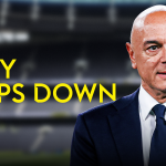 Graphic of Daniel Levy (right) stood next to caption 'Levy steps down'