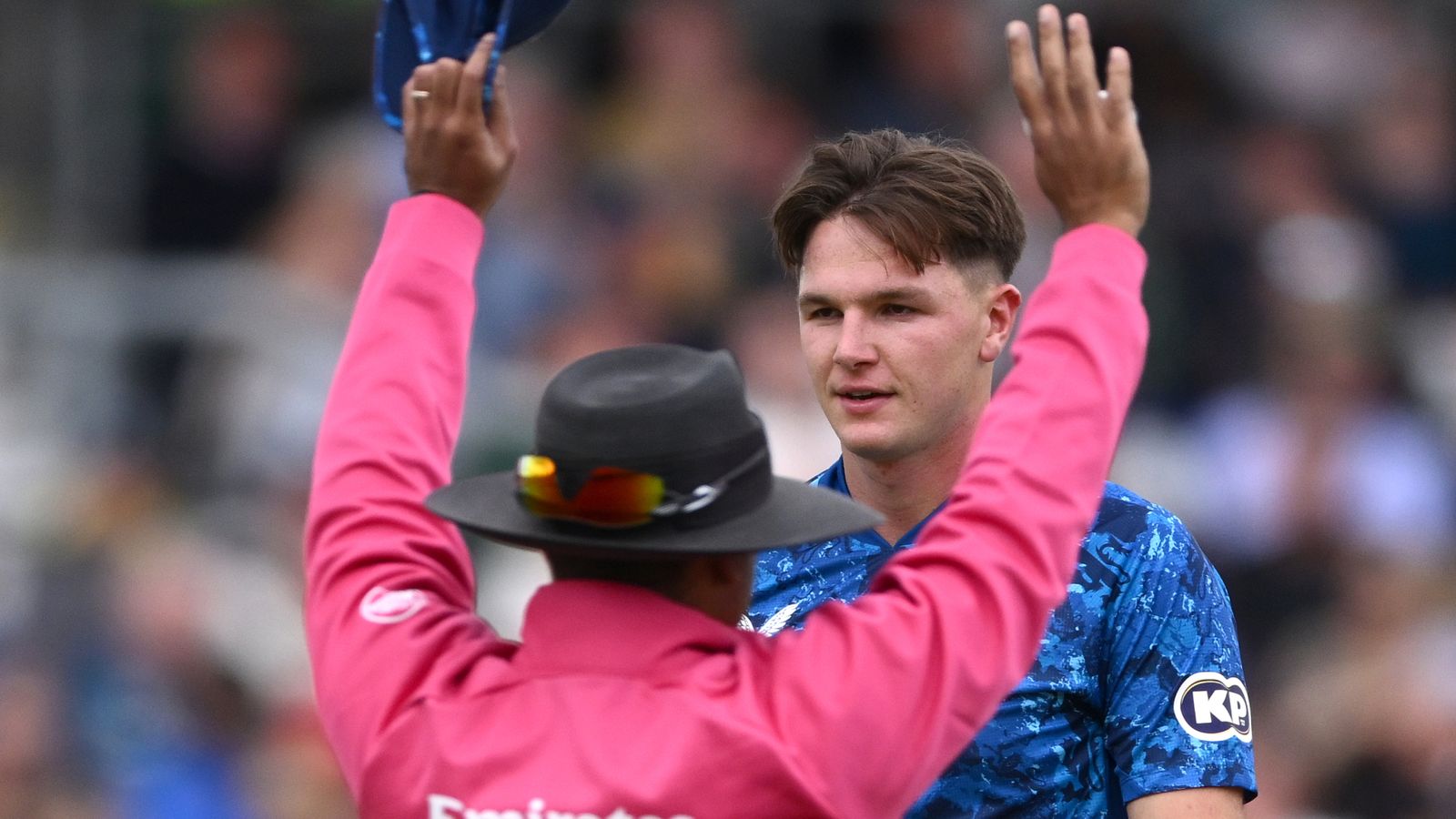 Sonny Baker after being hit for six on England ODI debut against South Africa (Getty Images)