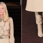 Gwyneth Paltrow in one of Demna's first footwear offerings as Gucci artistic director, a pair of monogrammed leather boots.