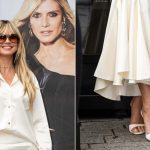 Heidi Klum wears white minimalist mules at the  L’Oréal pop-up in Düsseldorf on Tuesday.