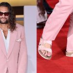 Jason Momoa at the Venice Film Festival 2025 red carpet. A picture of his pink suit, pink nail polish and Birkenstock sandals.