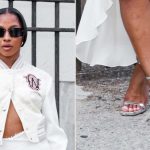 Jordan Chiles in silver strappy high-heeled sandals at Off-White's NYFW presentation on Friday.