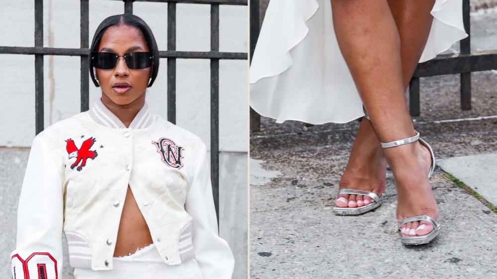 Jordan Chiles Offsets Varsity Jacket With Silver Sandals at Off-White