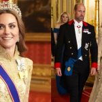 Kate Middleton wears a custom Phillipa Lepley gown with the Lover's Knot tiara and pieces from jewelry from Queen Elizabeth II's collection for the state visit by the President of the United States of America on Sept. 17, 2025 in Windsor, England.