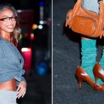 Lori Harvey wears Miu Miu brown leather pumps with the brand's teal socks at the Miutine Party in New York City on Friday.