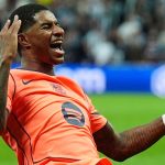 Barcelona's Marcus Rashford celebrates scoring against Newcastle