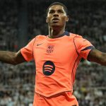 Barcelona's Marcus Rashford celebrates after scoring his second goal against Newcastle