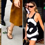 Margot Robbie in barely-there sandals, Khaite's Loulou sandal, and an archival pair of Celine by Phoebe Philo leather mules in New York City on Tuesday.