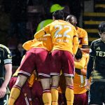 MOTHERWELL, SCOTLAND - SEPTEMBER 27: Motherwell's Apostolos Stamatelopoulos celebrates scoring a penalty to make it 2-0 with teammates during a William Hill Premiership match between Motherwell and Aberdeen at Fir Park Stadium, on September 27, 2025, in Motherwell, Scotland. (Photo by Rob Casey / SNS Group)