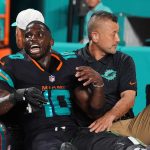 Miami Dolphins wide receiver Tyreek Hill (10) is carted off the field after suffering a knee injury