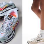 pair of nike p-6000 sneakers with metallic and colorful touches; model wearing ruffled white socks paired with white p-6000 sneakers from nike