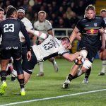 Saracens' Nick Tompkins goes over for a try