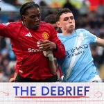 Patrick Dorgu wins a challenge against Phil Foden in the Manchester derby