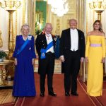 Queen Camilla wears a Fiona Clare gown with Queen Elizabeth II's sapphire and diamond tiara for the State Banquet hosted by King Charles III and members of the Royal Family at Windsor Castle during the state visit by the President of the United States of America on Sept. 17, 2025 in Windsor, England.