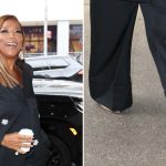 Queen Latifah wearing beige slingback pumps with a thin strap. and flared heel while out in New York City.