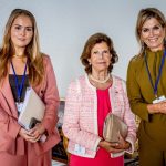 (L-R) Princess Amalia of The Netherlands, Queen Silvia of Sweden and Queen Maxima of The Netherlands, wearing Natan, during a meeting at the United Nations Headquarters after the opening session of the General Assembly at United Nations on Sept. 23, 2025 in New York City.