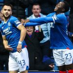 GLASGOW, SCOTLAND - SEPTEMBER 20: Rangers' Nicolas Raskin (L) celebrates scoring to make it 1-0 with Djeidi Gassama during a Premier Sports Cup Quarter-Final match between Rangers and Hibernian at Ibrox Stadium, on September 20, 2025, in Glasgow, Scotland. (Photo by Alan Harvey / SNS Group)