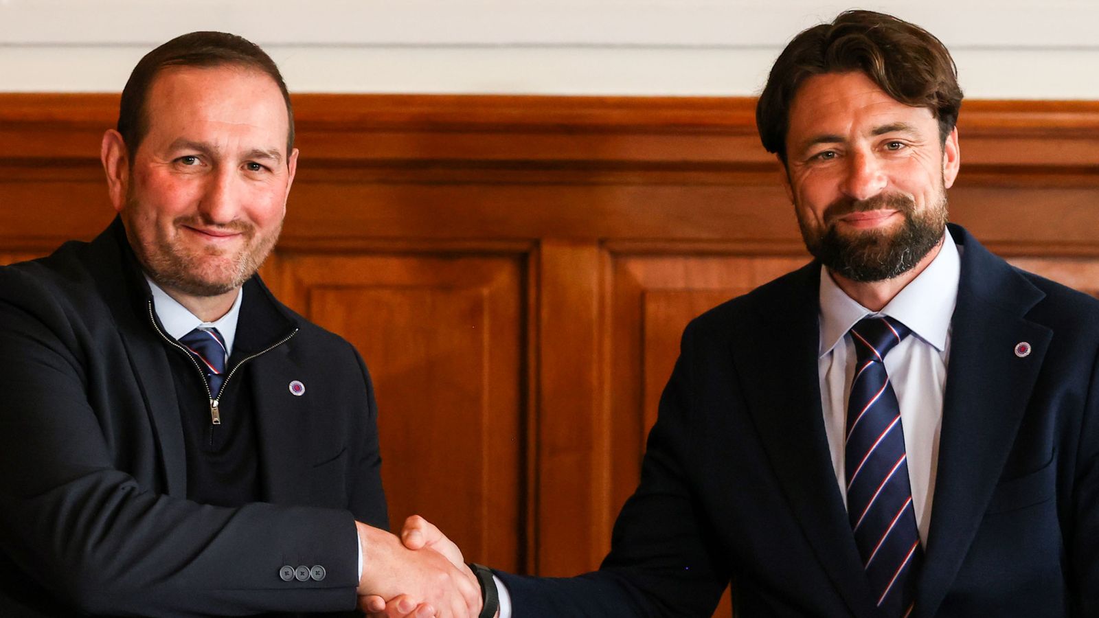 GLASGOW, SCOTLAND - JUNE 05: Russell Martin is unveiled as the new Head Coach of Rangers Football Club at Ibrox Stadium alongside Rangers Sporting Director Kevin Thelwell, on June 05, 2025, in Glasgow, Scotland. (Photo by Craig Williamson / SNS Group)