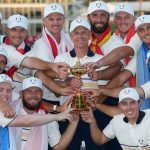 Team Europe poses with the Ryder Cup trophy
