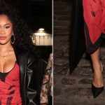 Saweetie wearing black slingback high heels at the EE72 Launch durign London Fashion Week on Friday.