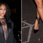 Saweetie wearing Rene Caovilla chandelier pumps with ankle wrap details at the launch of EE72 in New York on Friday night.