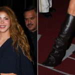 Shakira wearing slouchy leather boots with aa hidden heel while arriving at Global Citizen Festival in New York.