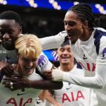 Tottenham Hotspur's Lucas Bergvall and team mates celebrate an own goal by Villarreal's Luiz Junior