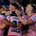 Picture by Olly Hassell/SWpix.com - 12/09/2025 - Rugby League - Betfred Super League Round 26 - Leigh Leopards v St Helens - Leigh Sports Village, Leigh , England - Leigh Leopards celebrating the first try of the match from Andrew Badrock