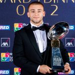 Picture by Allan McKenzie/SWpix.com - 08/10/2024 - Rugby League - Rugby League Awards Dinner 2024 - New Dock Hall, Leeds, England - Hull KR's Mikey Lewis is awarded the Steve Prescott MBE Man of Steel award.