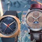 From left: H. Moser & Cie. Streamliner chronograph featuring a red gold case, textured blue dial and textile strap. Frederique Constant Classic Perpetual Calendar Manufacture watch, FC-776 in-house caliber, automatic, perpetual calendar with perlage and circular Côtes de Genève decorations in a stainless steel case with a salmon sunray dial.