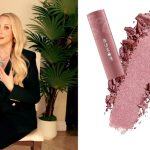 Elizabeth Berkley filming livestream for TalkShopLive; assortment of makeup products over an eyeshadow swatch