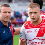 Picture by Allan McKenzie/SWpix.com - 07/09/2025 - Rugby League - Betfred Super League Round 25 - Hull KR v Hull FC - Sewell Group Craven Park, Hull, England - Hull KR's coach Willie Peters and Mikey Lewis after victory over Hull FC.