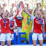 Arsenal lift the Women's Champions League trophy after beating Barcelona