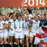 PARIS, FRANCE - AUGUST 17: Captain of England Katy McLean lifts the trophy with teammates to celebrate their victory in the IRB Women's Rugb