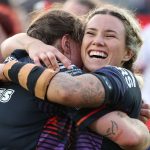 Wigan Warriors' Emily Veivers and Carys Jones celebrate the win