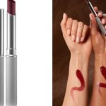 clinique black honey almost lipstick tube over white background; three arms of various skin tones with swatches of the lipstick on them, over brown background
