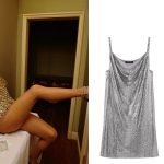 taylor swift wearing a chainmail dress while looking off to the side in her album art; two similar chainmail dresses in gold and silver over a white background