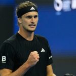 Alexander Zverev of Germany reacts after scoring a point against Corentin Moutet of France during the men's singles match of the China Open tennis tournament, at the National Tennis Center, in Beijing, China, Sunday, Sept. 28, 2025. (AP Photo/Mahesh Kumar A.)