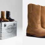 assortment of four boots standing on a crate; cowboy-style boots in tan color