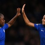 Sandy Baltimore and Alyssa Thompson celebrate as Chelsea thrash Paris FC