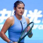 Emma Raducanu of Great Britain reacts in the Women's Singles Round of 64 match against Ann Li of United States on day 4 of 2025 Wuhan Open a