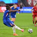 Sandy Baltimore scores a penalty to equalise for Chelsea in the Champions League game with FC Twente