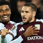 Aston Villa's Emi Buendia (right) celebrates with Ian Maatsen after scoring against Feyenoord