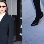 Greta Lee has a power pump moment in black leather pumps, likely Gianvito Rossi 105 pumps, outside of Good Morning America on Thursday.