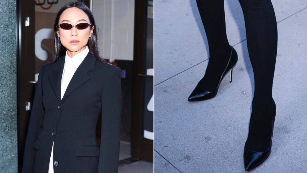 Greta Lee Keeps It Sharp in Black Leather Stilettos in New York