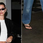 Hailey Bieber wearing The Row's City Sandal, an $890 flip-flop, while out in Los Angeles on Wednesday.