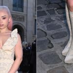 Ice Spice wears Vivienne Westwood knit boots during Paris Fashion Week on Saturday.