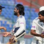 India's captain Shubman Gill congratulates teammate KL Rahul and wicketkeeper Dhruv Jurel on wining the second cricket test match between India and West Indies at the Arun Jaitley Stadium in New Delhi, India, Tuesday, Oct.14, 2025. (AP Photo/Manish Swarup)